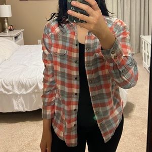 Jach’s Girlfriend Roll Tab Flannel Button Up Long Sleeve Shirt, Pink/Blue Plaid.
